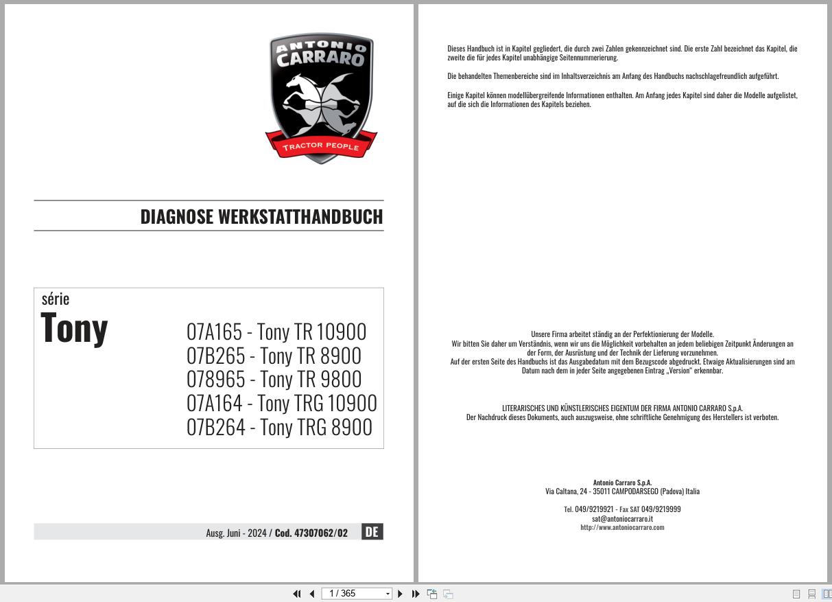 Antonio Carraro Tractor Tony TR8900 to TRG10900 Diagnostic Workshop Manual 47307062 02 DE (1)