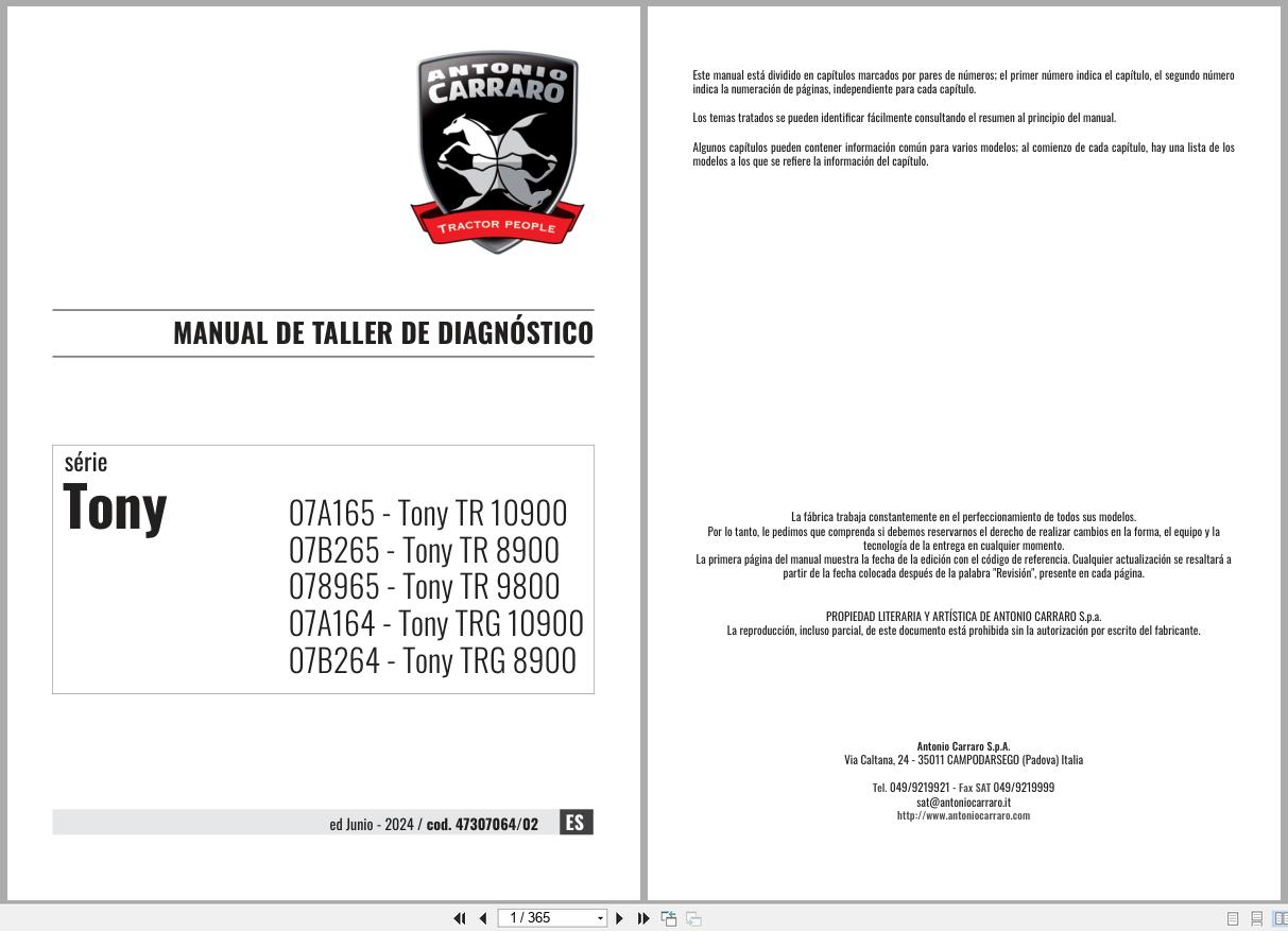 Antonio Carraro Tractor Tony TR8900 to TRG10900 Diagnostic Workshop Manual 47307064 02 ES (1)