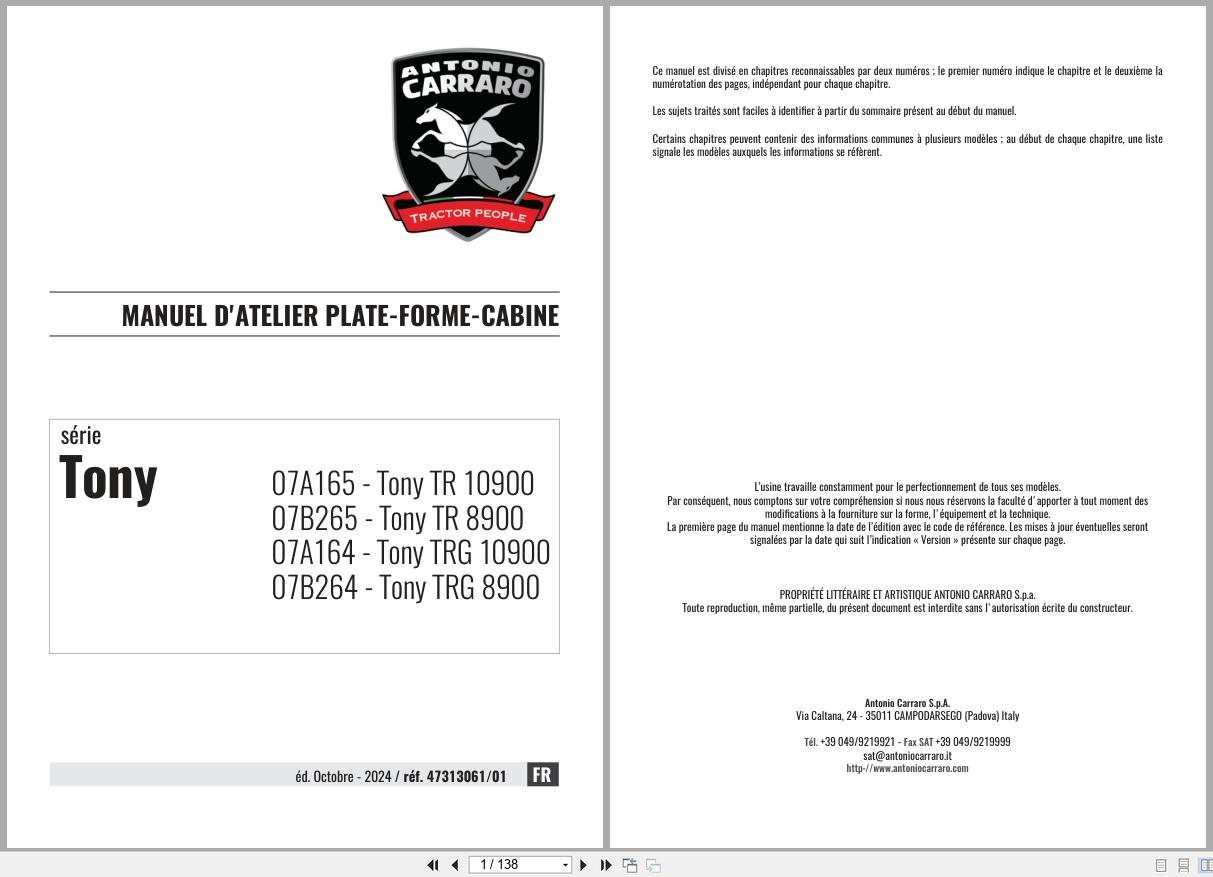 Antonio Carraro Tractor Tony TR8900 to TRG10900 Platform Cab Workshop Manual 47313061 01 FR (1)