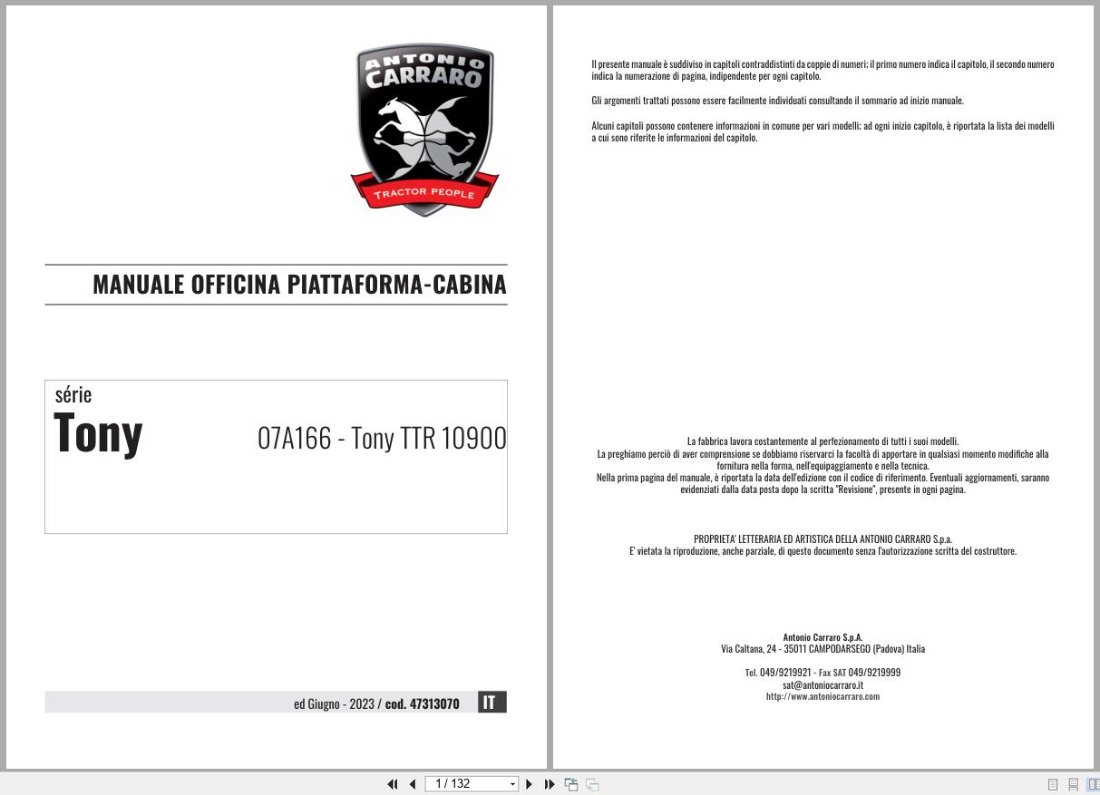 Antonio Carraro Tractor Tony TTR10900 Platform Cab Workshop Manual 47313070 IT (1)