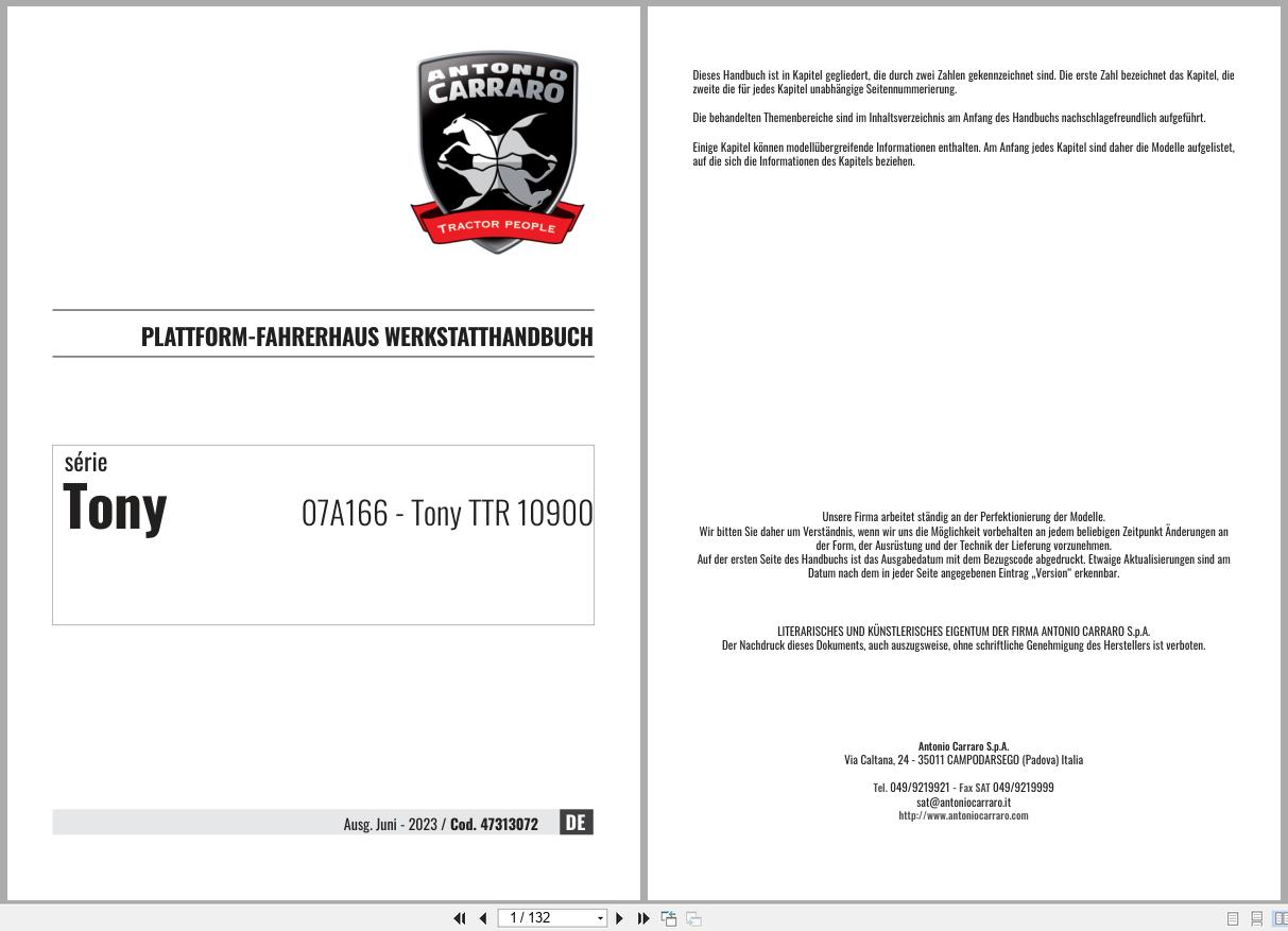 Antonio Carraro Tractor Tony TTR10900 Platform Cab Workshop Manual 47313072 DE (1)