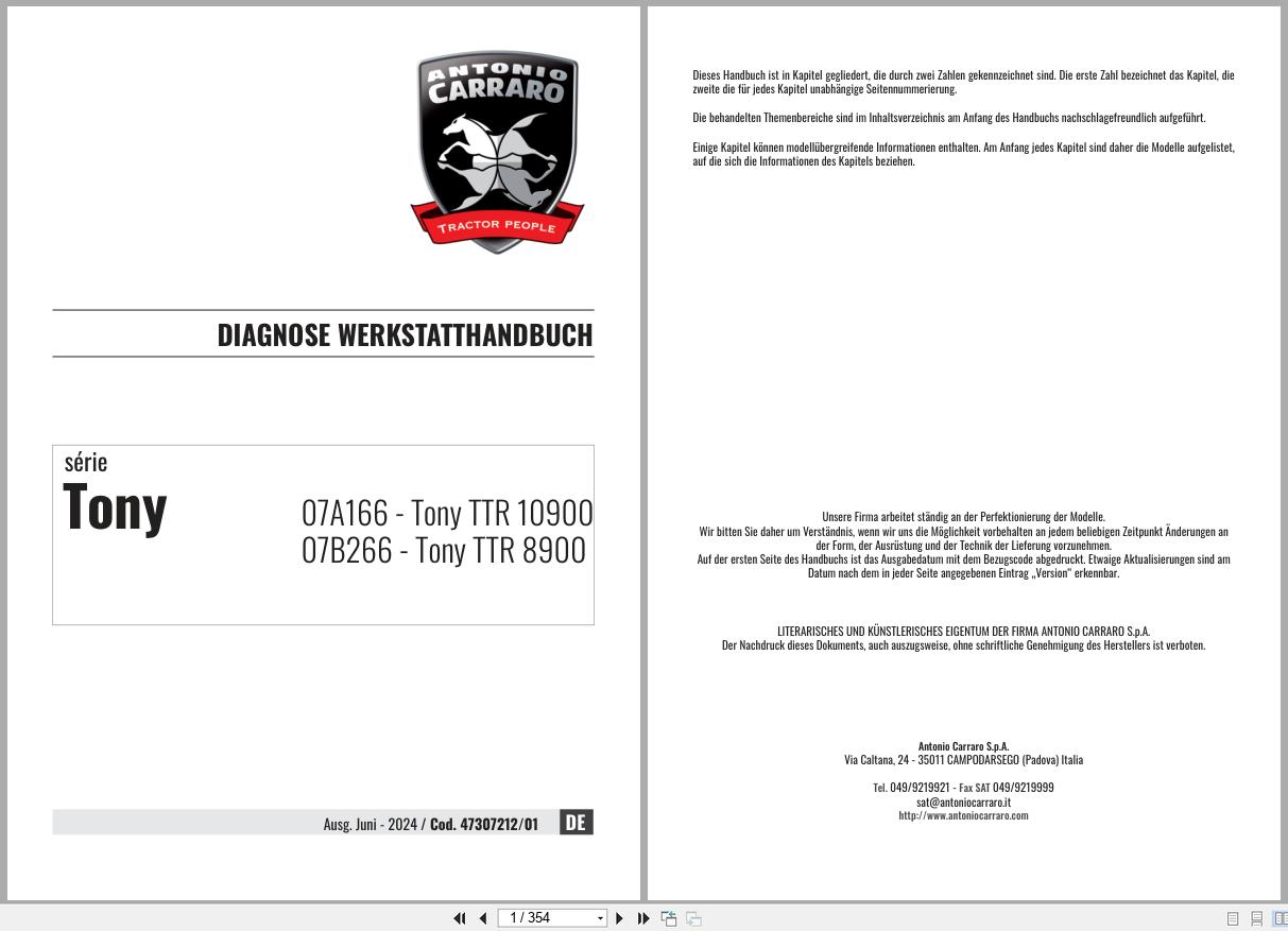 Antonio Carraro Tractor Tony TTR10900 TTR8900 Diagnostic Workshop Manual 47307212 01 DE (1)