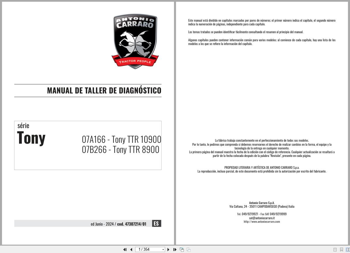Antonio Carraro Tractor Tony TTR10900 TTR8900 Diagnostic Workshop Manual 47307214 01 ES (1)