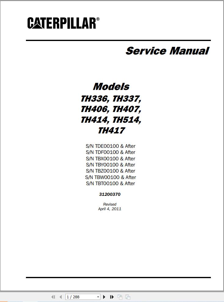CAT Telehandler TH336 to TH417 Service Manual 31200370 (1)