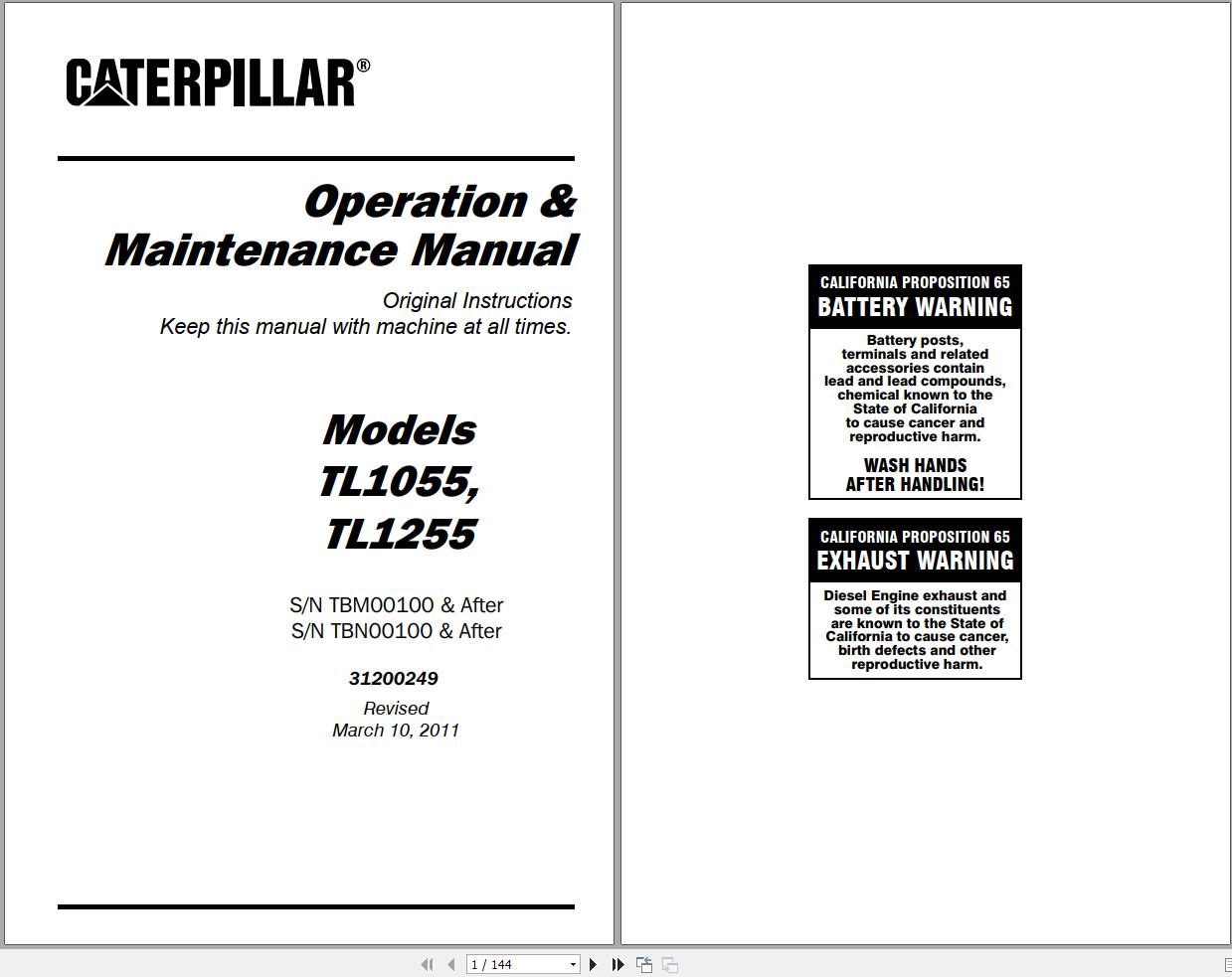 CAT Telehandler TL1055 TL1255 Operation Maintenance Manual 31200249 (1)