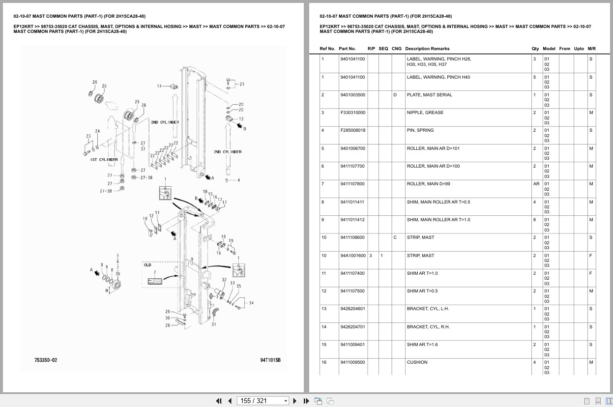 Caterpillar Forklift EP12KRT Chassis Mast Options Internal Hosing Europe Parts Catalog 98753 35020 (2)