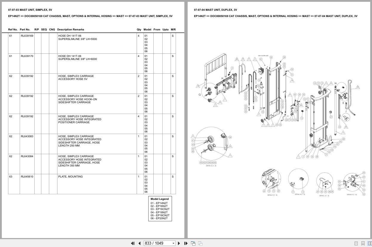 Caterpillar Forklift EP14N2T Chassis Mast Options Internal Hosing Europe Parts Catalog DOC00050169 (2)