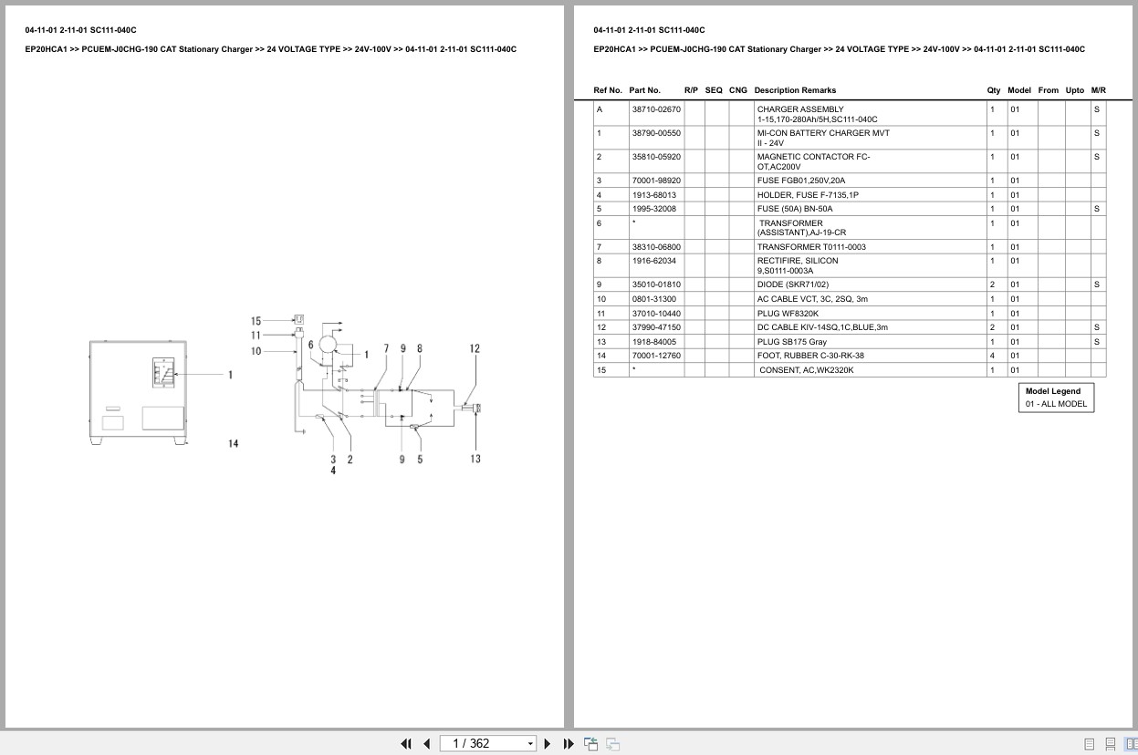 Caterpillar Forklift EP20HCA1 Stationary Charger Europe Parts Catalog PCUEM J0CHG 190 (1)