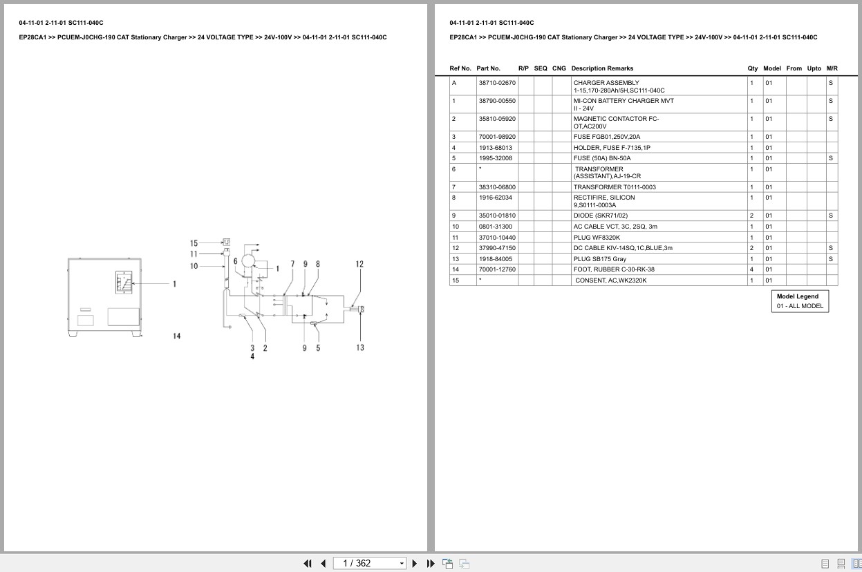 Caterpillar Forklift EP28CA1 Stationary Charger Europe Parts Catalog PCUEM J0CHG 190 (1)