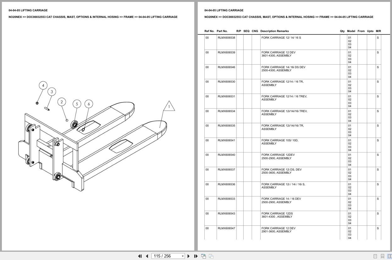 Caterpillar Forklift NO20NEX Chassis Mast Options Internal Hosing Europe Parts Catalog DOC00032553 (2)