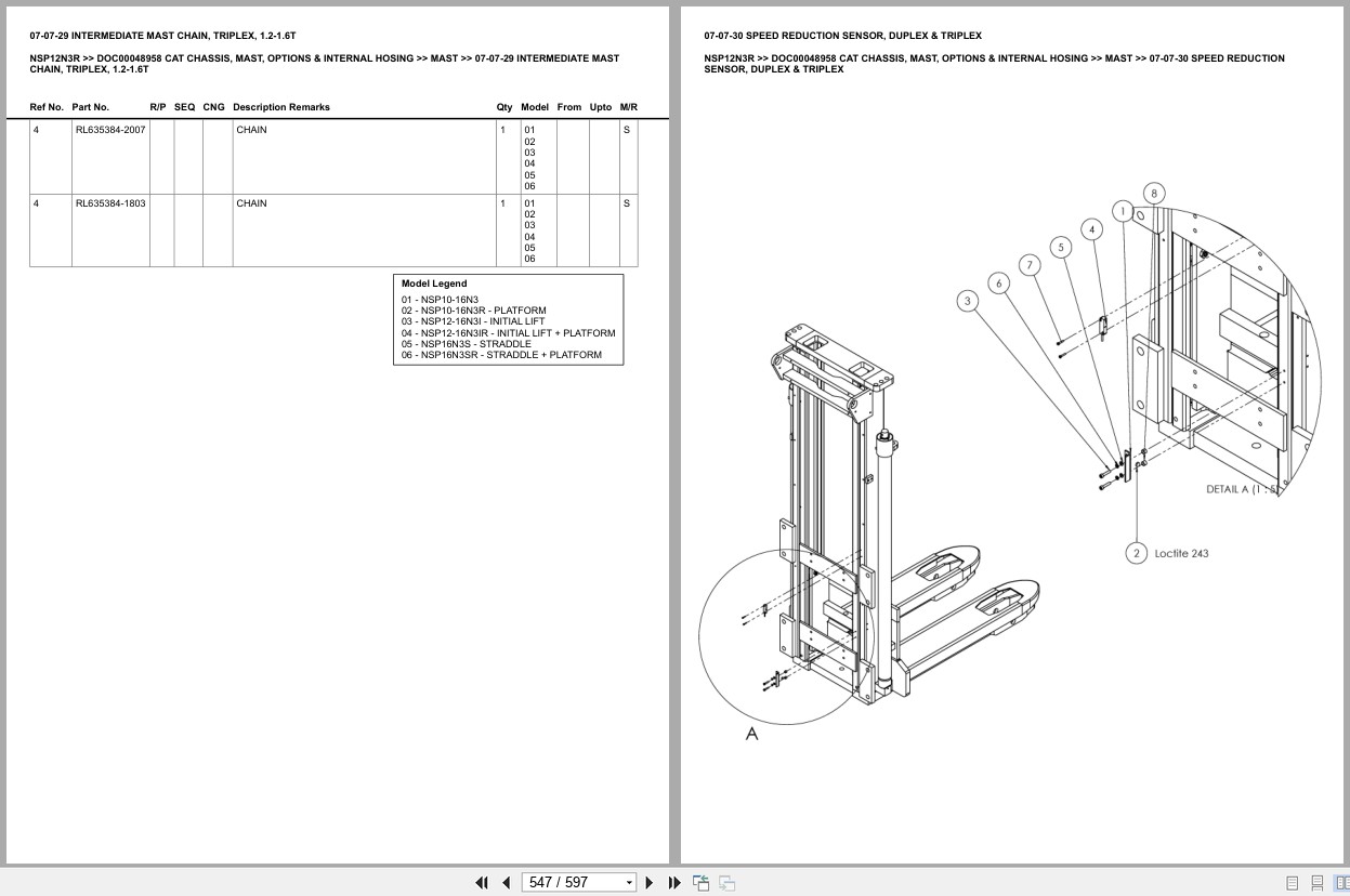 Caterpillar Forklift NSP12N3R Chassis Mast Options Internal Hosing Europe Parts Catalog DOC00048958 (2)