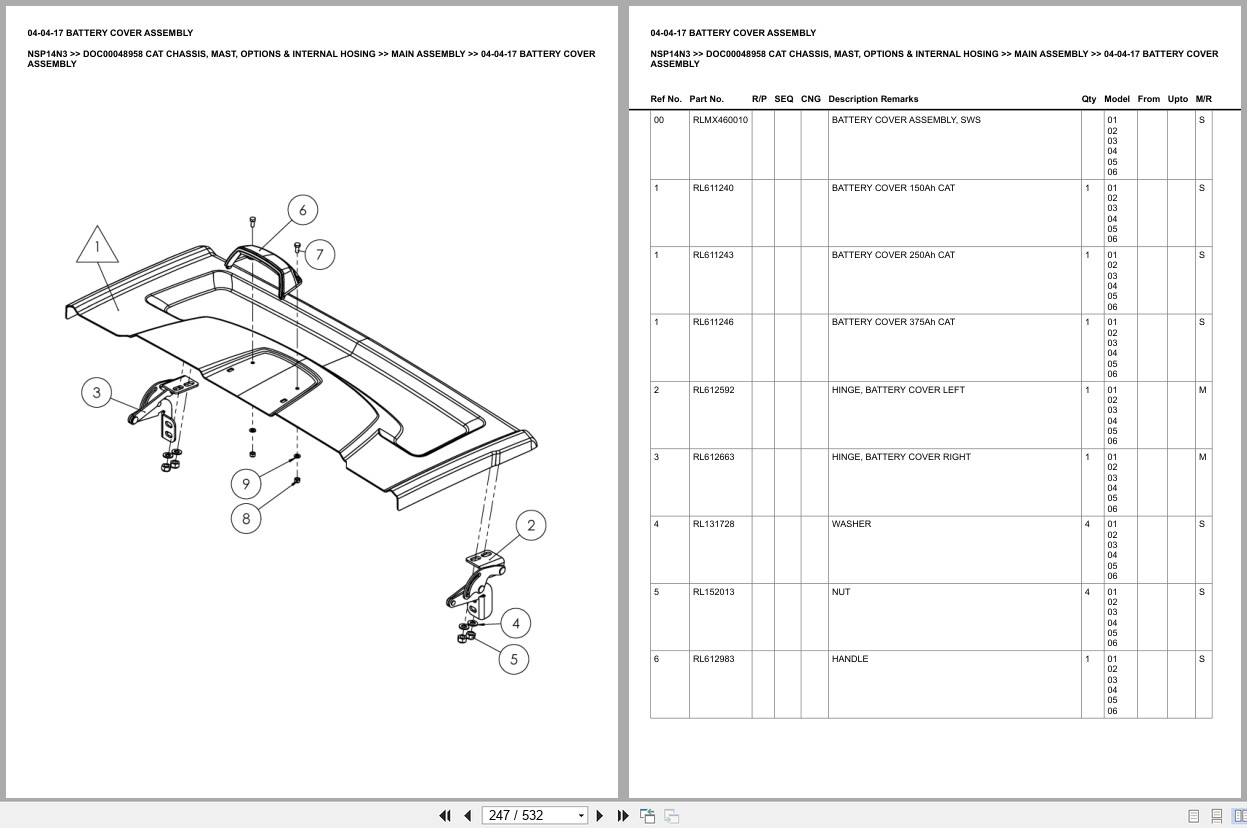 Caterpillar Forklift NSP14N3 Chassis Mast Options Internal Hosing Europe Parts Catalog DOC00048958 (2)