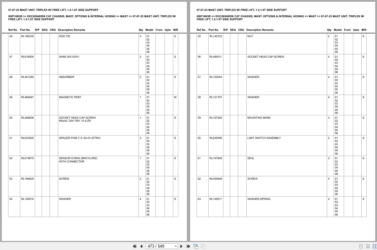 Caterpillar Forklift NSP16N3R Chassis Mast Options Internal Hosing Europe Parts Catalog DOC00048958 (2)