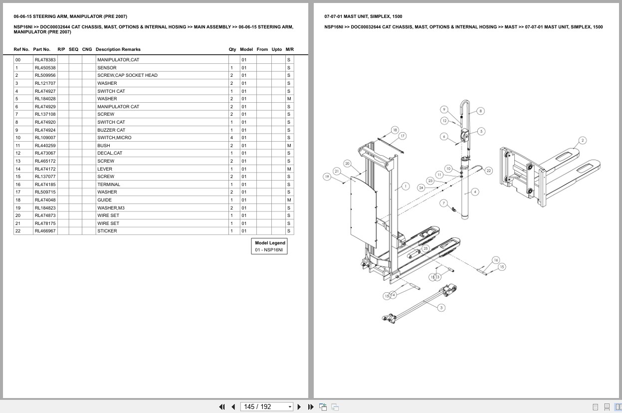 Caterpillar Forklift NSR16NI Chassis Mast Options Internal Hosing Europe Parts Catalog DOC00032613 (2)