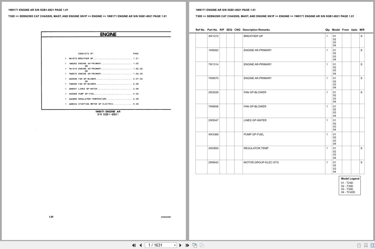 Caterpillar Forklift T30D Chassis Mast Engine XN1P Europe Parts Catalog SEBN2585 (1)