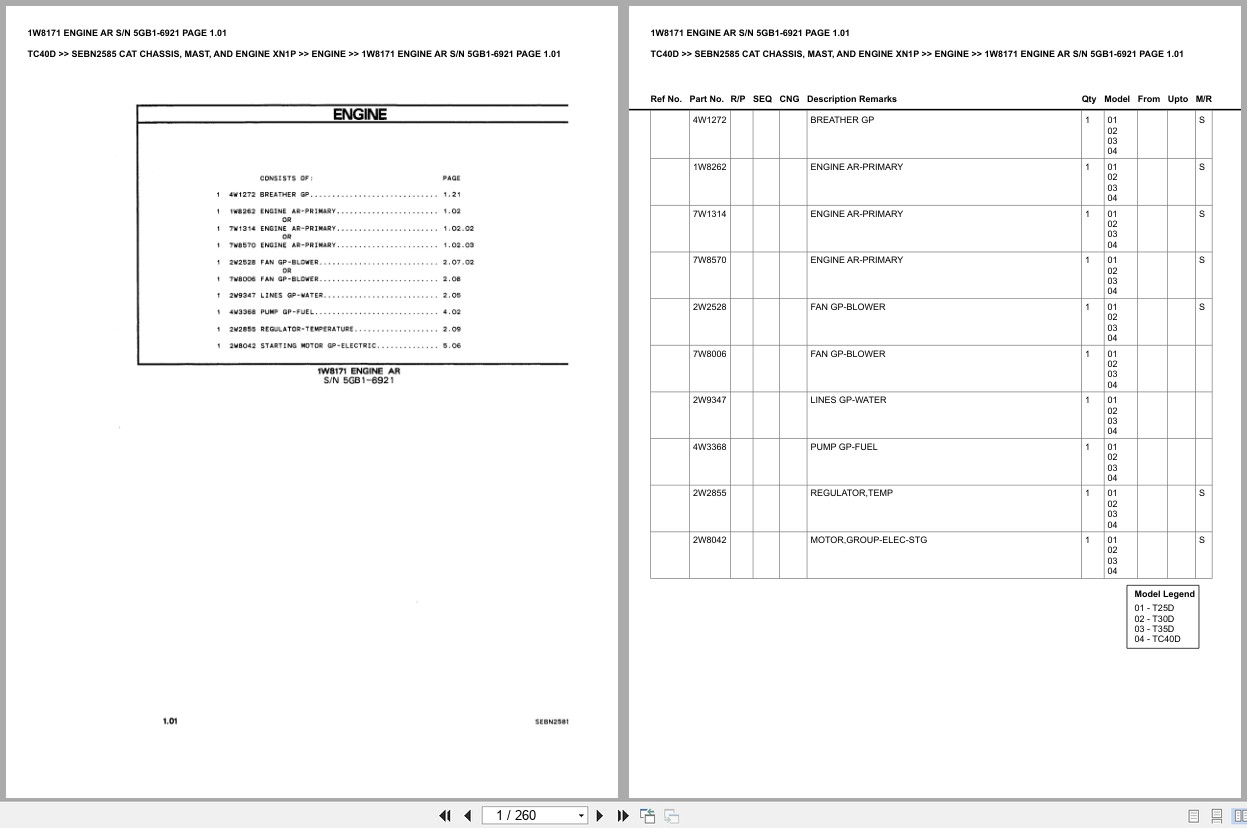 Caterpillar Forklift TC40D Chassis Mast Engine XN1P Europe Parts Catalog SEBN2585 (1)