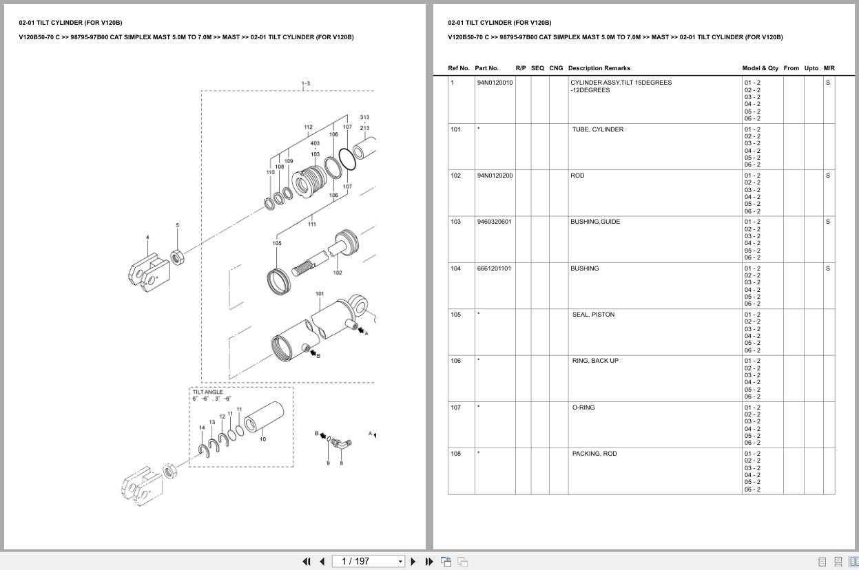 Caterpillar Forklift V120B50 70 C Simplex Mast 5.0M TO 7.0M Europe Parts Catalog 98795 97B00 (1)
