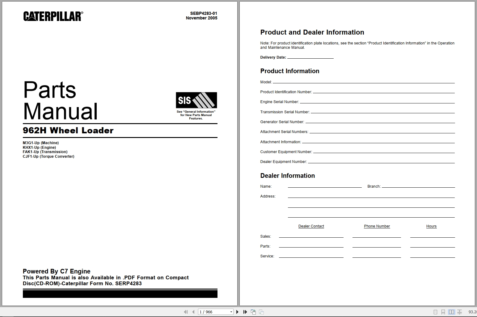 Caterpillar Wheel Loader 962H Parts Book SEBP4283 01 2005 (1)