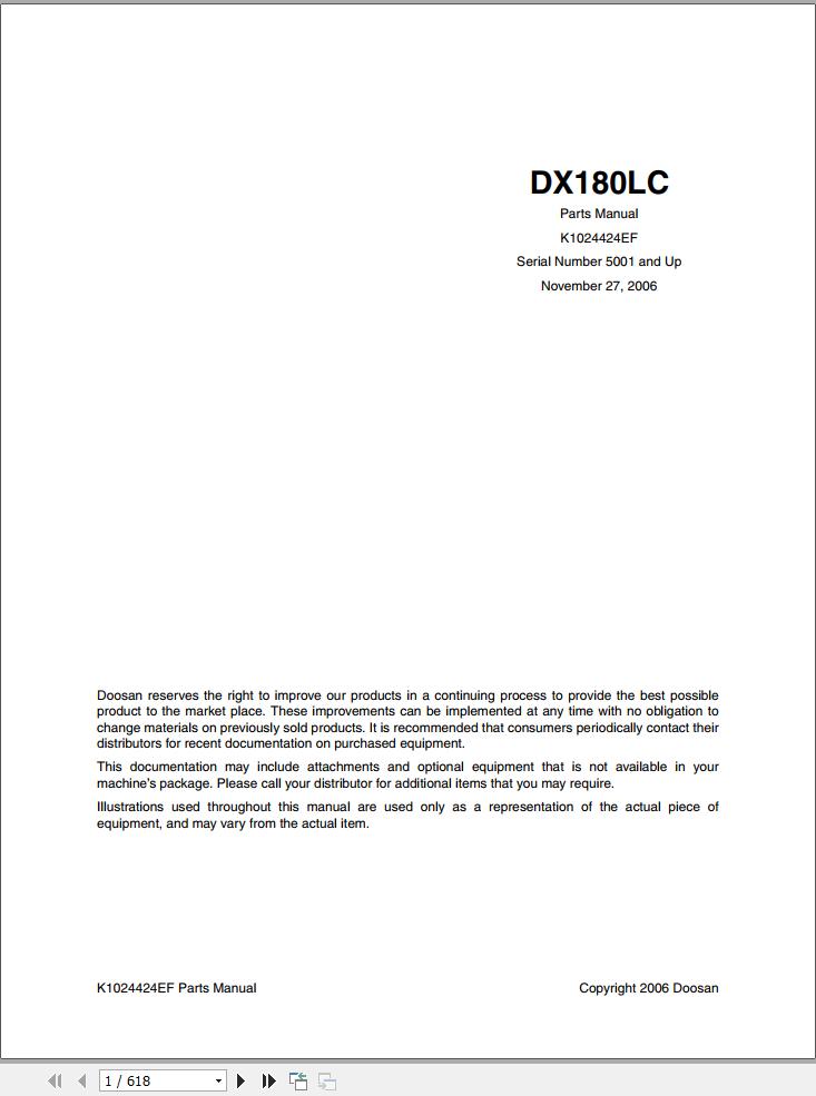 Doosan Excavator DX180LC Parts Catalog K1024424EF 1