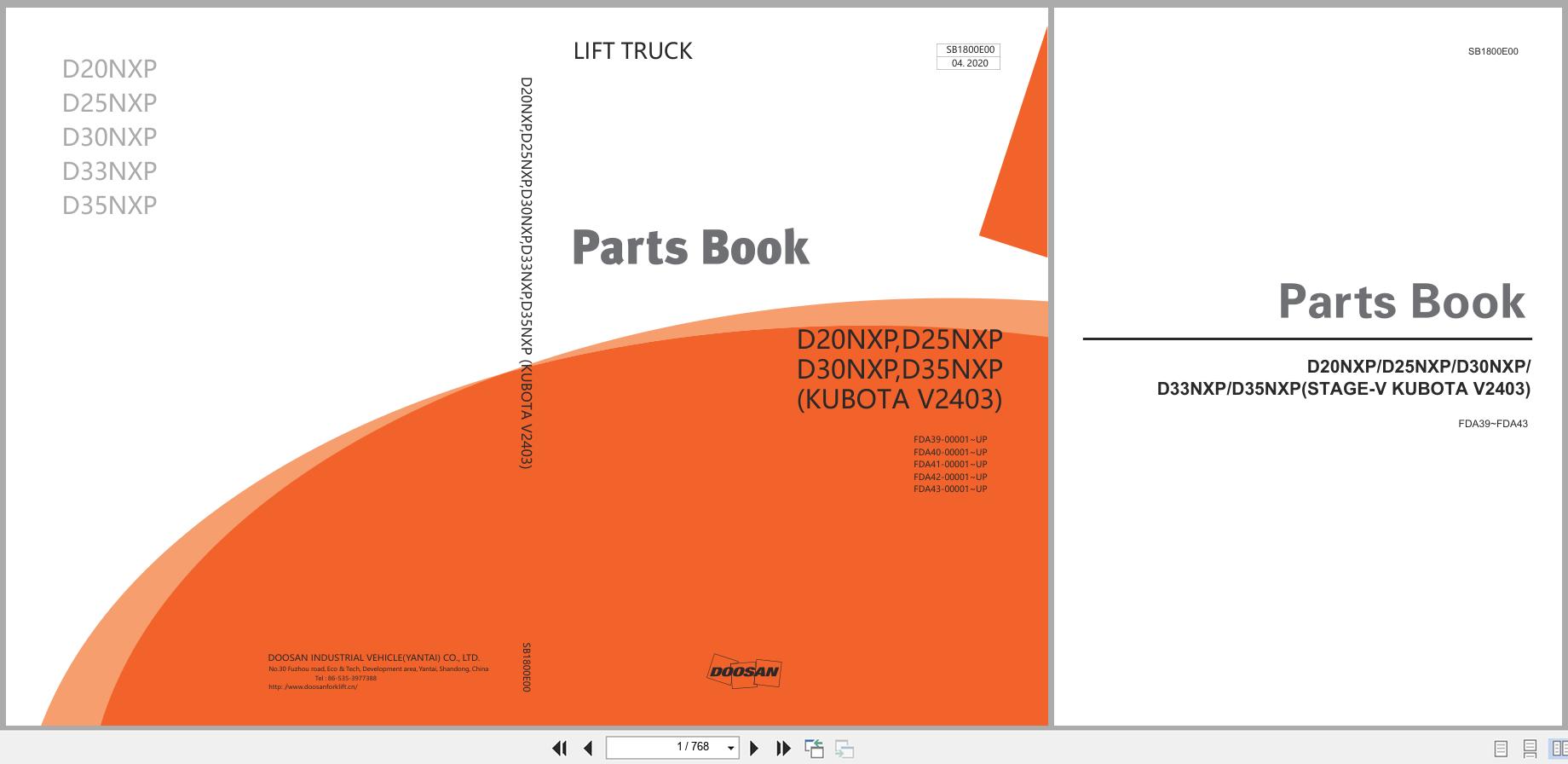 Doosan Forklift D20NXP to D35NXP Parts Book SB1800E00 2020 (1)