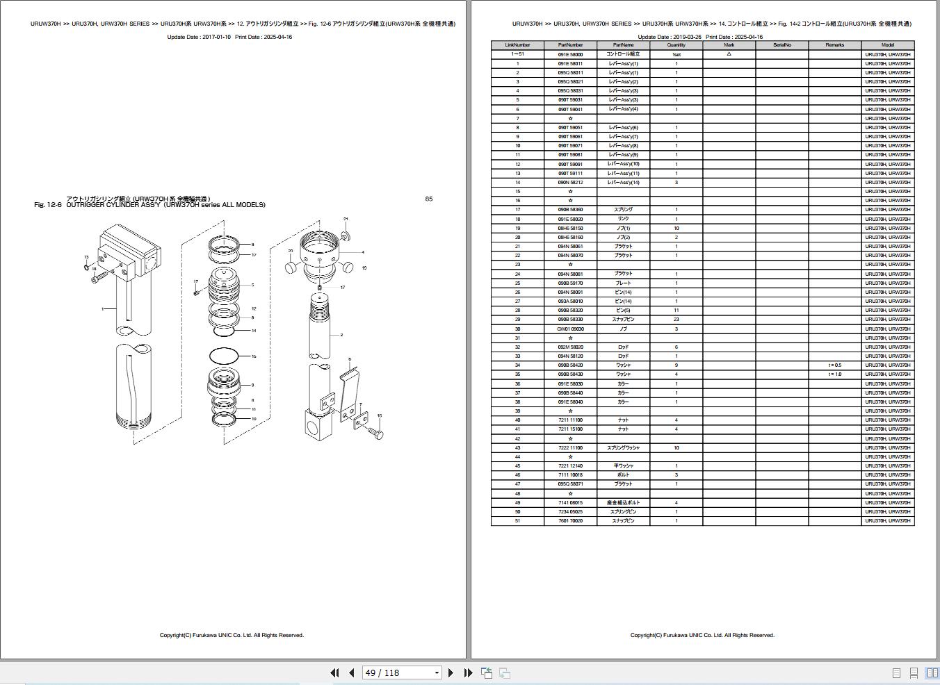 Furukawa Unic URU370H URW370H SERIES Parts Catalog PCURU370HURW370H201103A EN JP (2)