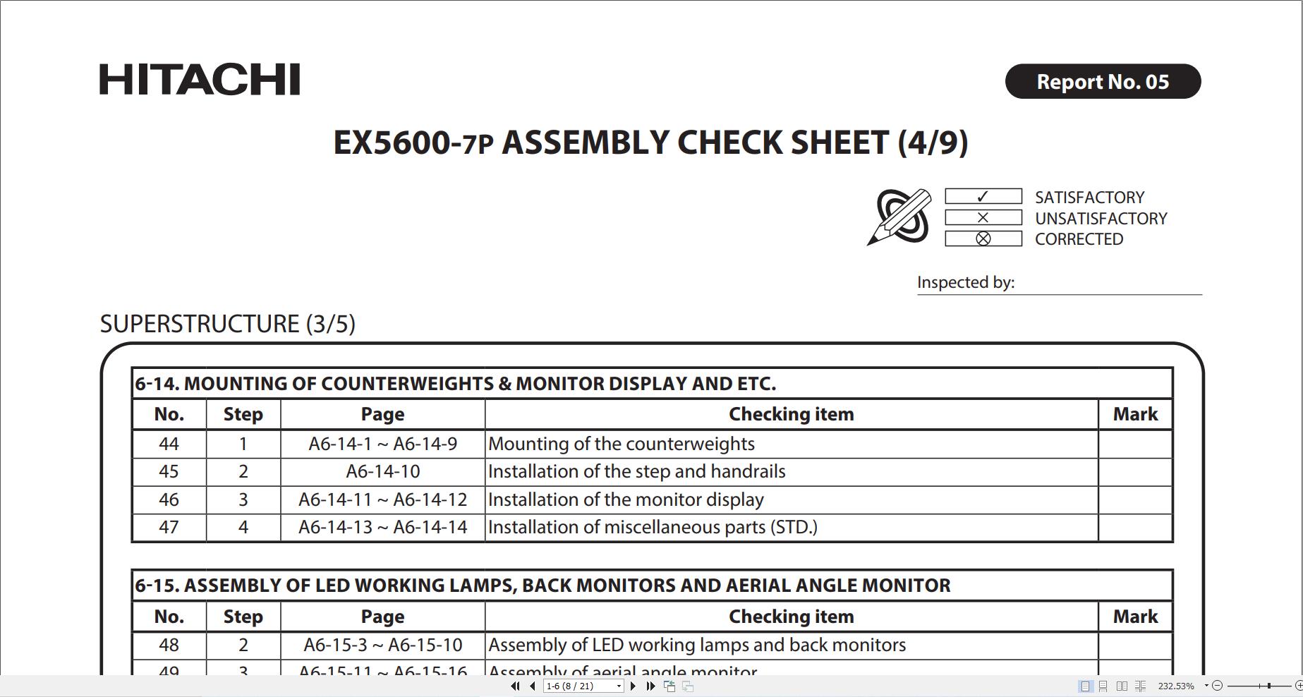 Hitachi Mining Excavator EX5600 7 Assembly Check Sheet 2