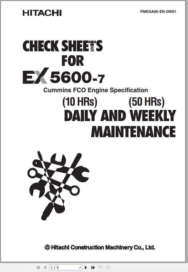 Hitachi Mining Excavator EX5600 7 Cummins FCO Daily And Weekly Maintenance Check Sheets 1