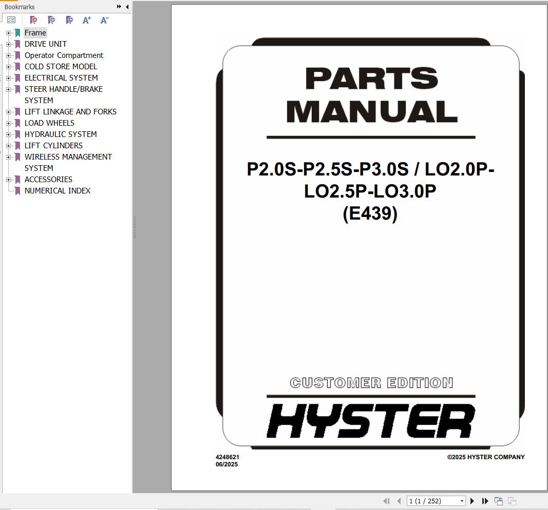 Hyster Forklift P2.0S P2.5S P3.0S LO2.0P LO2.5P LO3.0P (E439) Parts Catalog 4248621 2025 (1)