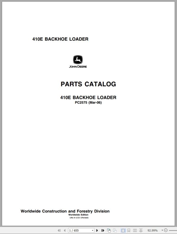 John Deere Backhoe Loader 410E Parts Catalog Pc2575 2006 (1)