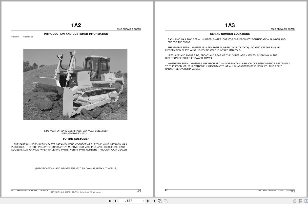 John Deere Crawler Dozer 950C Parts Catalog PC2884 2006 (1)