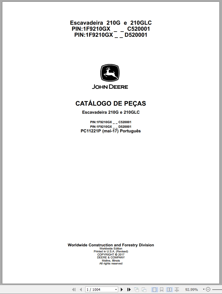 John Deere Excavator 210G 210GLC Parts Catalog PC11221P 2017 PT (1)