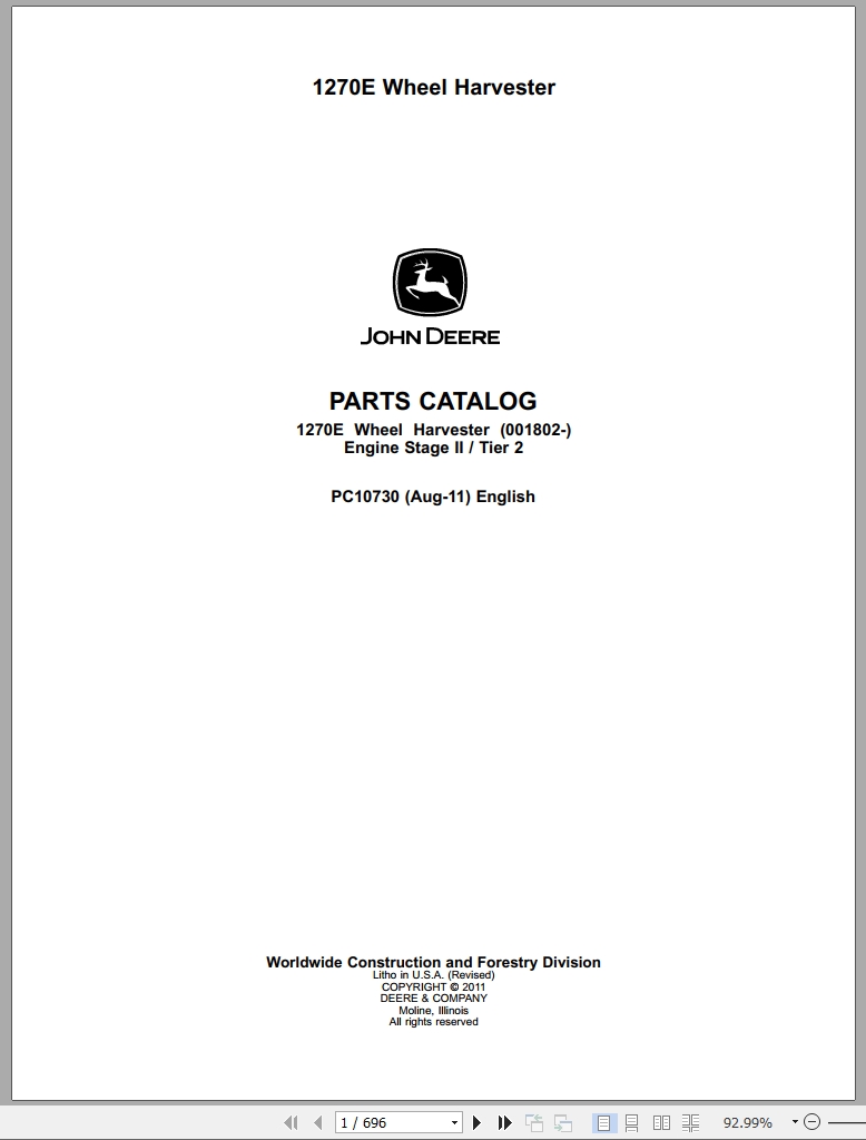 John Deere Wheel Harvester 1270E Parts Catalog PC10730 2011 (1)