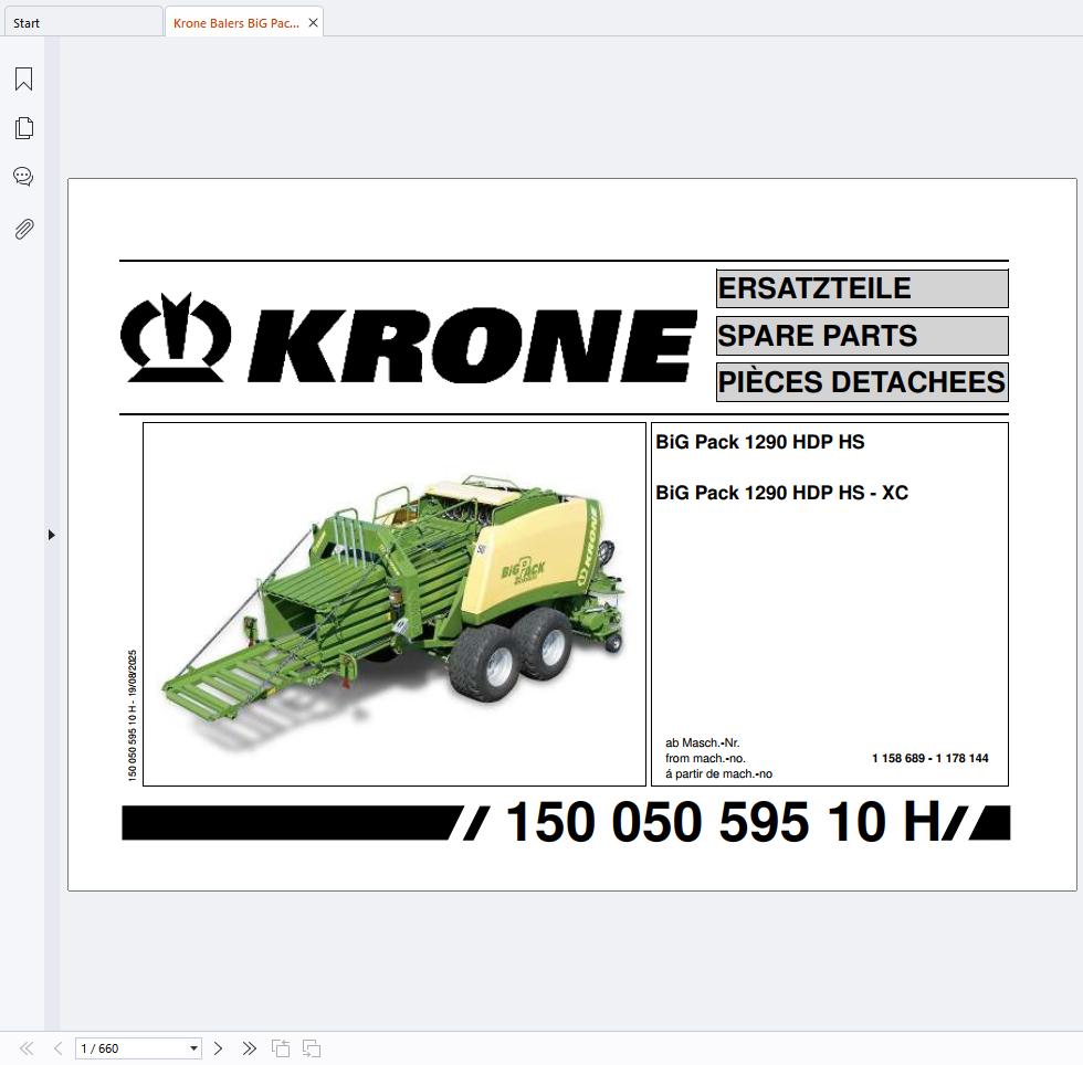 Krone Balers BiG Pack 1290 HDP HS XC Spare Parts Catalog 150050595 10 DE EN FR (1)