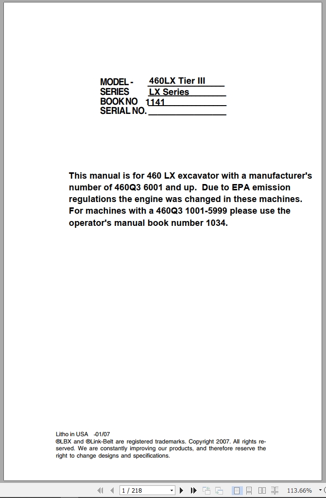 Link Belt Excavator 460LX Tier 3 Operator Manual (1)
