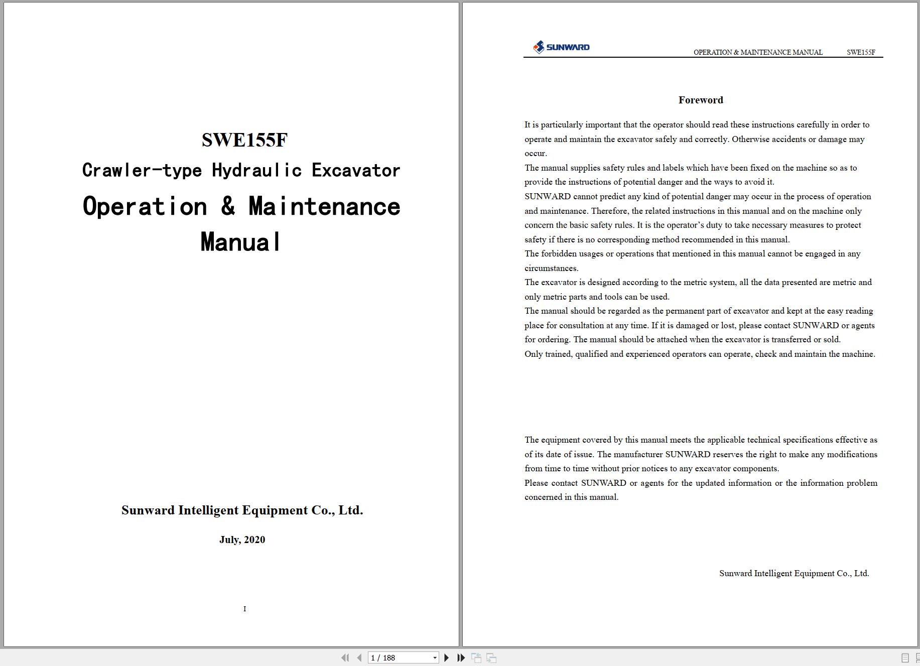 Sunward Crawler type Hydraulic Excavator SWE155F Operation Maintenance Manual 2020 (1)