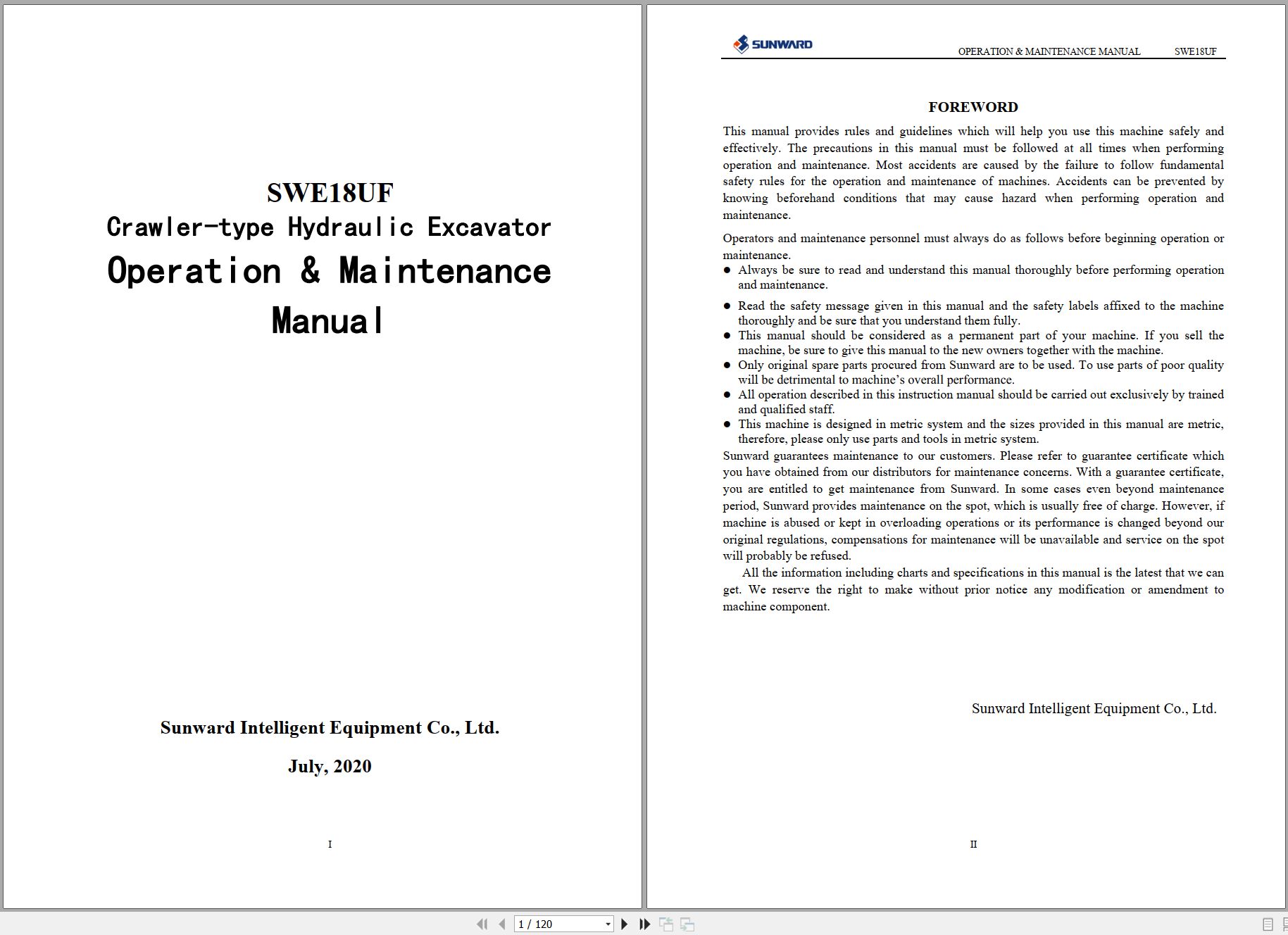 Sunward Crawler type Hydraulic Excavator SWE18UF Operation Maintenance Manual 2020 (1)