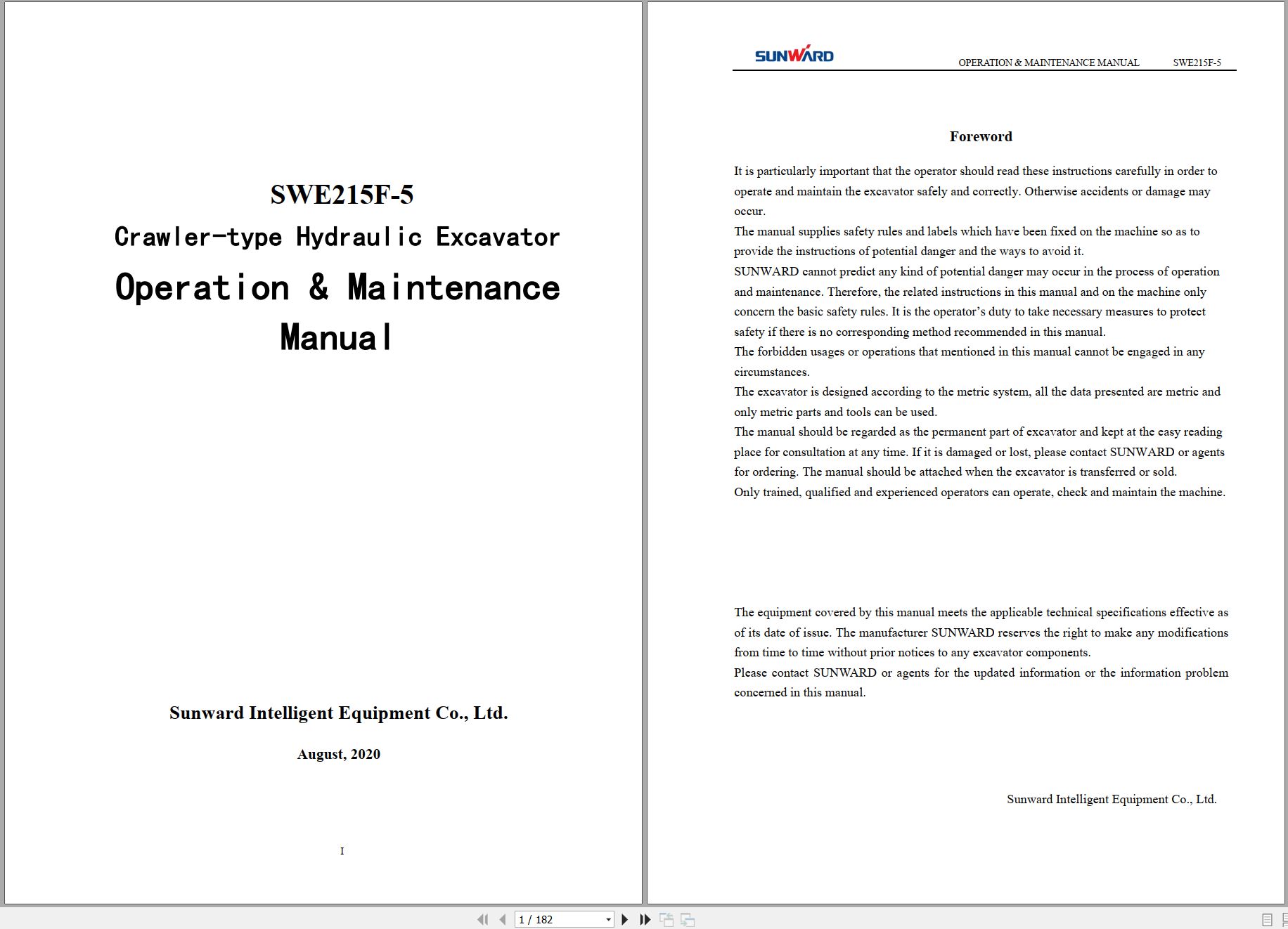Sunward Excavator SWE215F Operation Maintenance Manual 2020 (1)