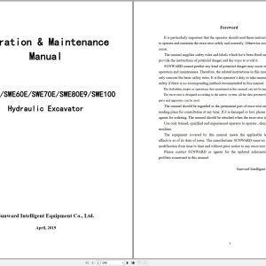 Sunward Hydraulic Excavator SW50E to SW100E Operation Maintenance Manual 2019 (1)
