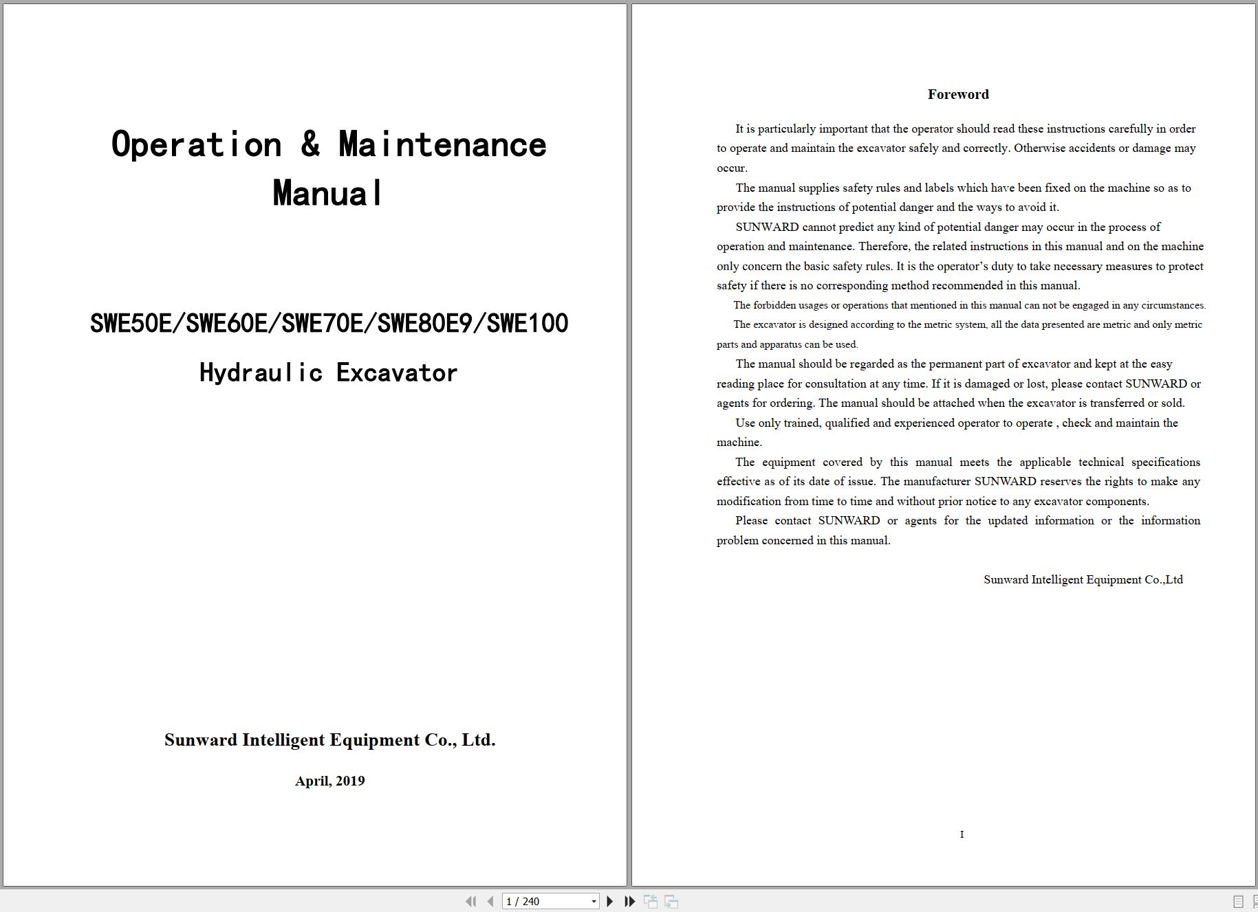 Sunward Hydraulic Excavator SW50E to SW100E Operation Maintenance Manual 2019 (1)