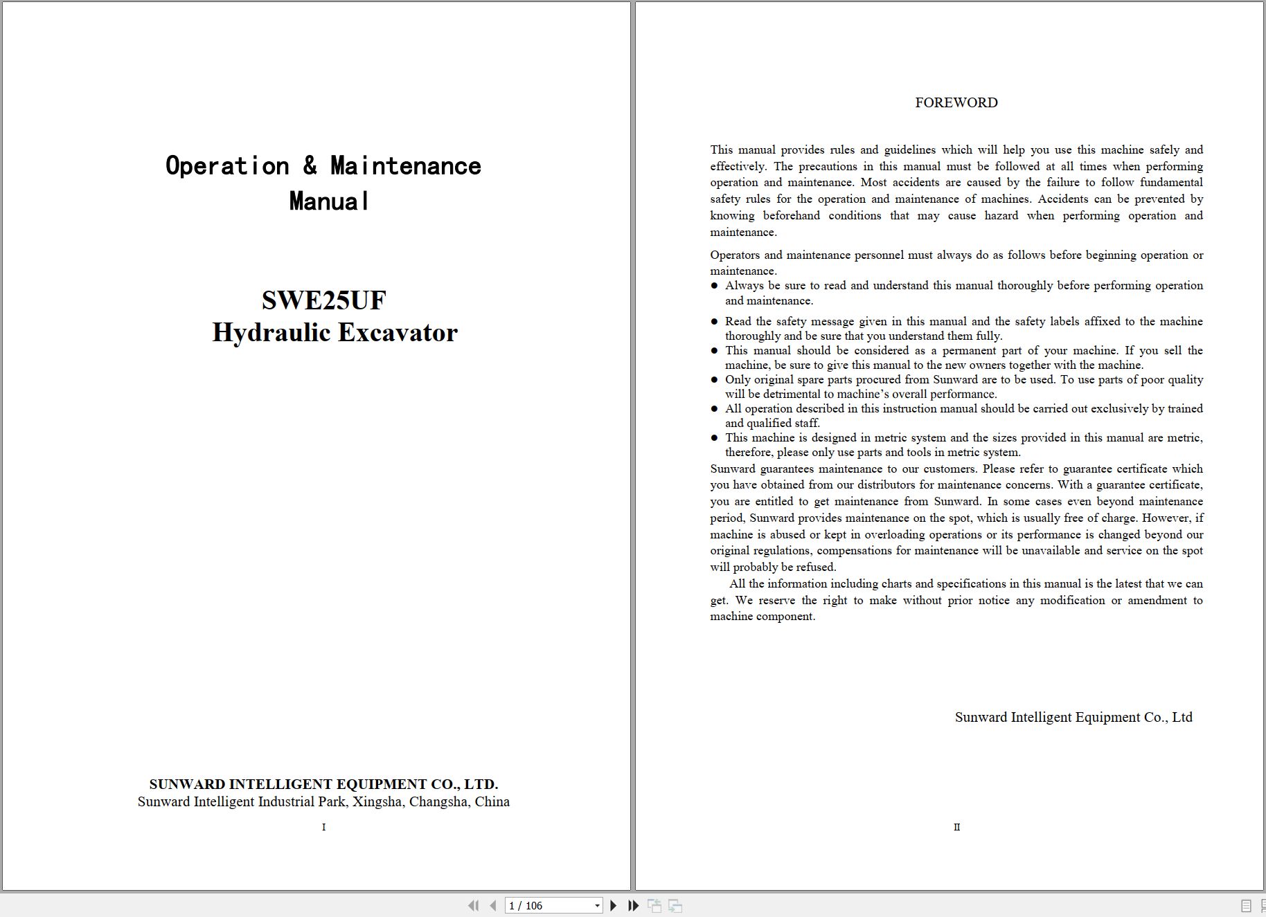 Sunward Hydraulic Excavator SWE25UF Operation Maintenance Manual (1)