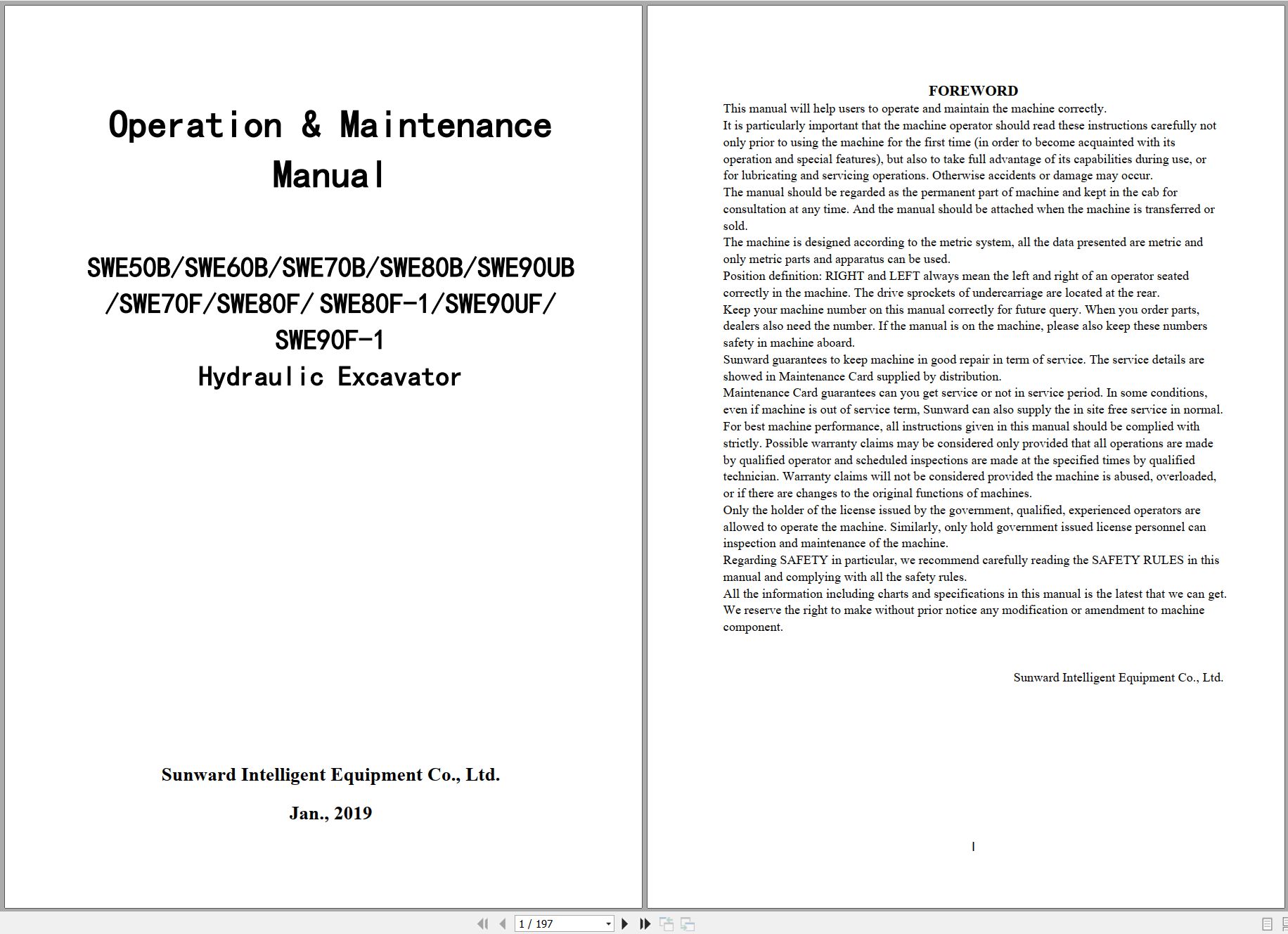 Sunward Hydraulic Excavator SWE50B to SWE90F 1 Operation Maintenance Manual 2019 1