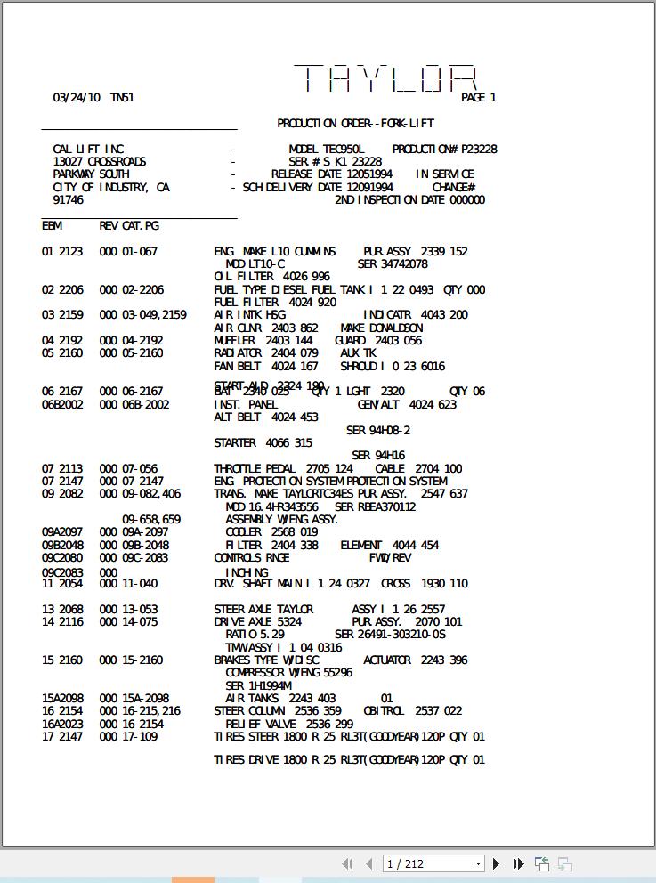 Taylor Container Handler TEC950L Parts Catalog 1994 (1)