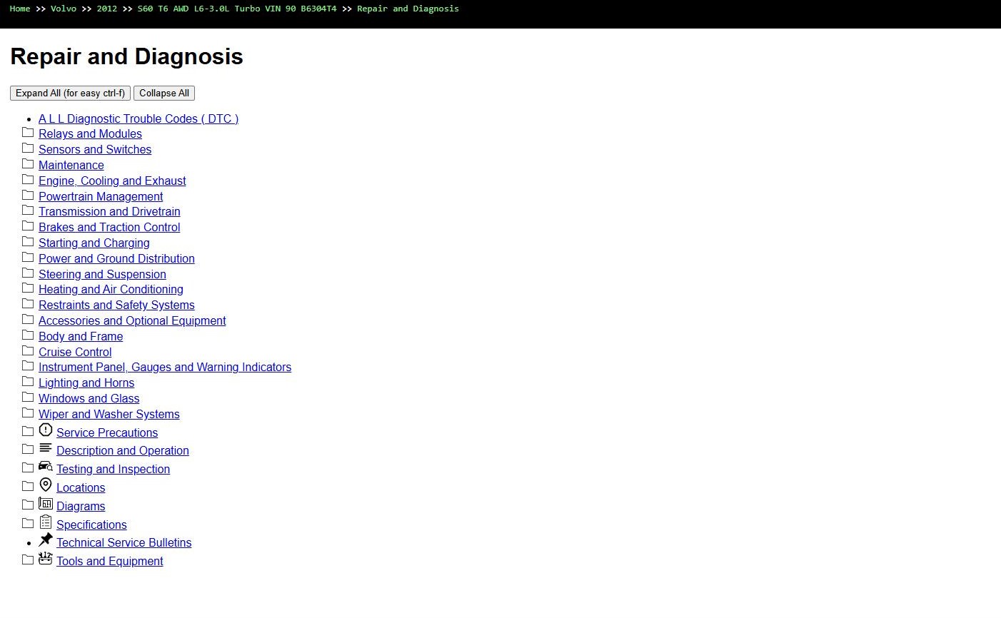 Volvo S60 T6 AWD L6 3.0L Turbo 2012 VIN 90 B6304T4 Parts Repair Diagnosis Manual (1)