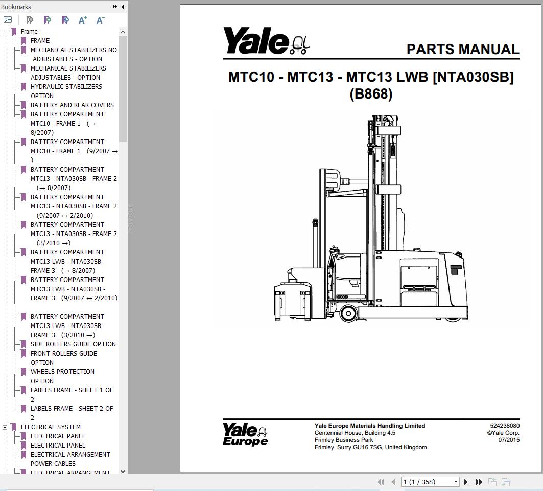 Yale Forklift EMTC10 MTC13 MTC13LWB (NTA030SB) (B868) Parts Manual (1)