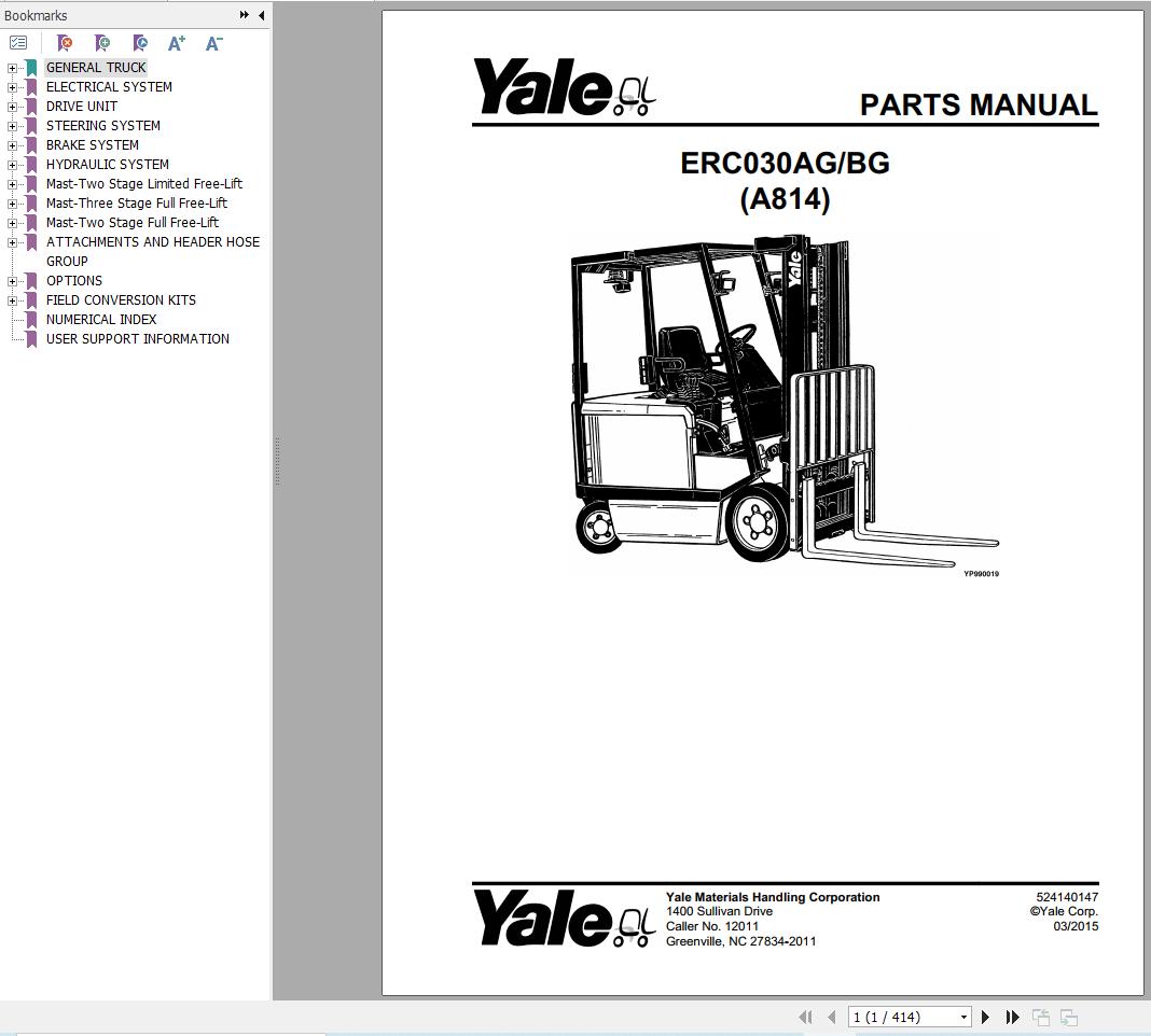 Yale Forklift ERC030AG ERC030BG (A814) Parts Manual (1)