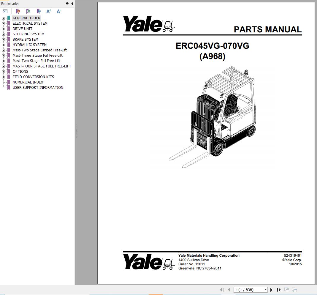 Yale Forklift ERC045VG 070VG (A968) Parts Manual (1)