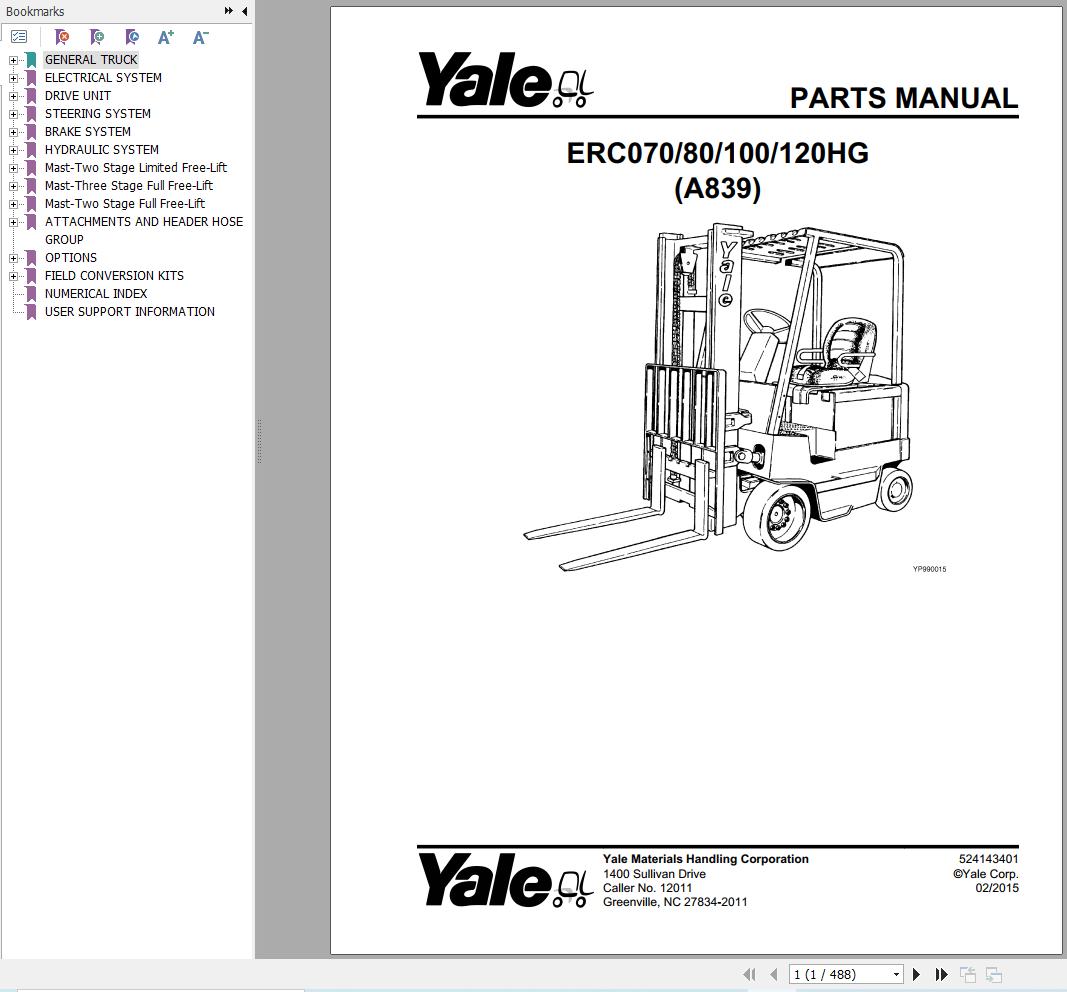 Yale Forklift ERC070 ERC080 ERC0100 ERC0120 (A839) Parts Manual (1)