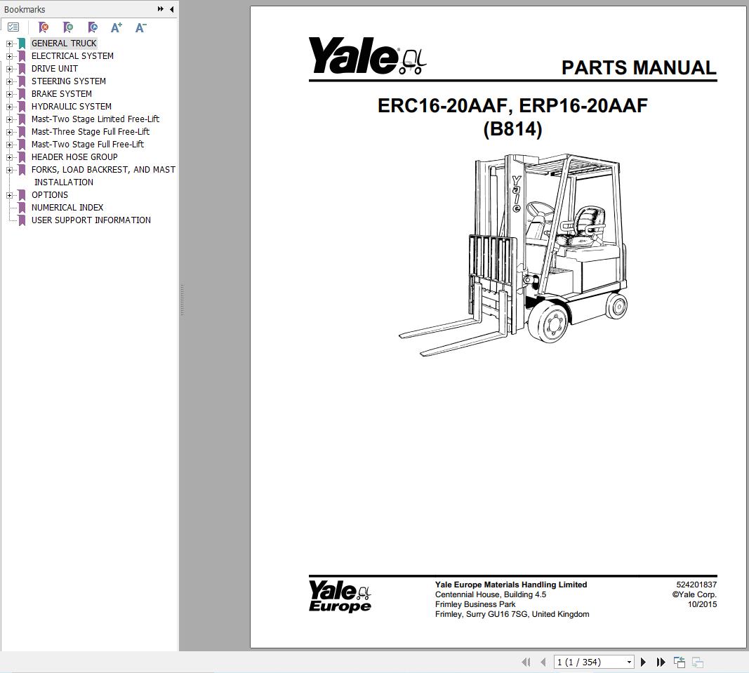 Yale Forklift ERC16 20AAF ERP16 20AAF (B814) Parts Manual (1)