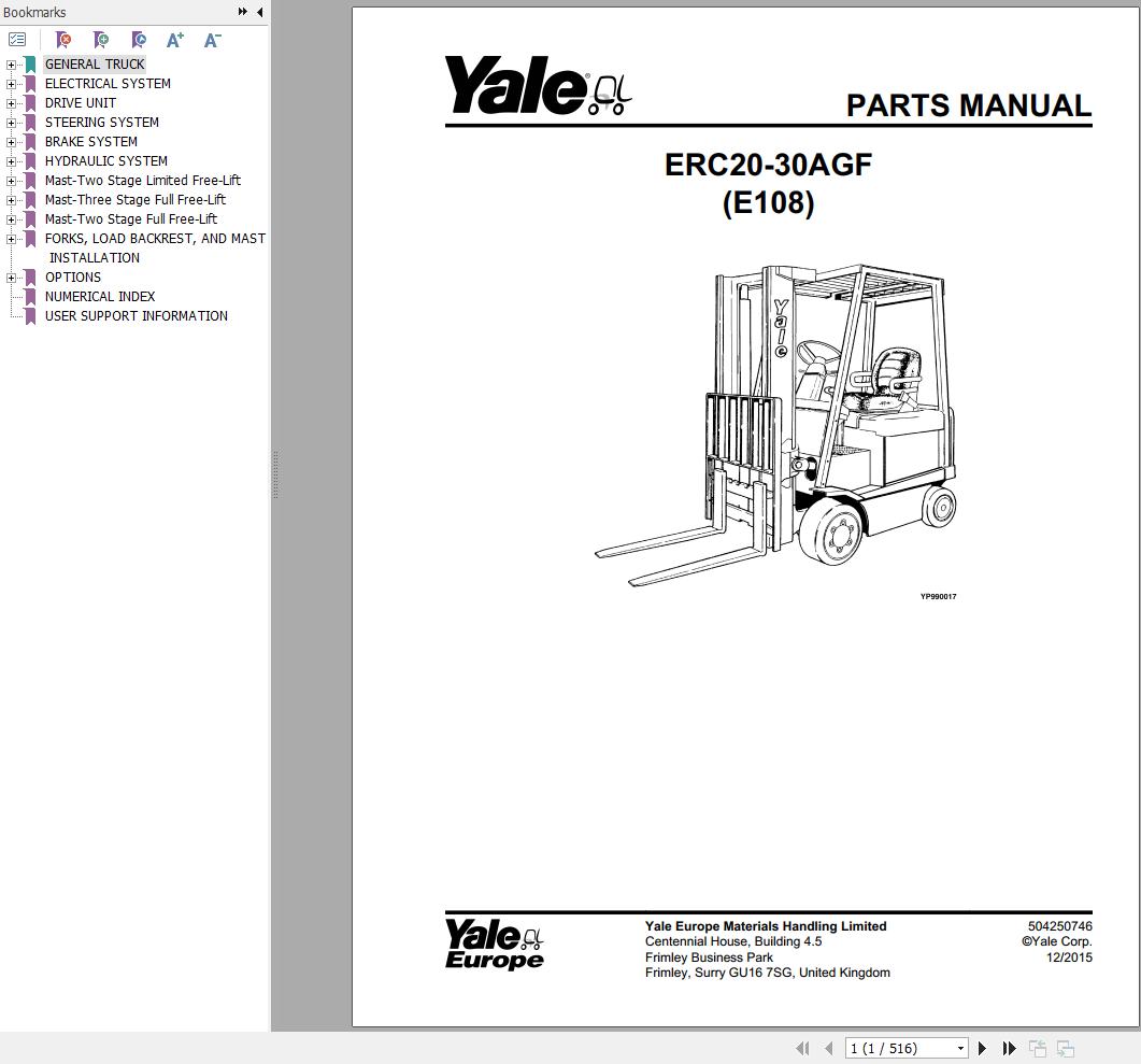 Yale Forklift ERC20AGF ERC30AGF (E108) Parts Manual (1)