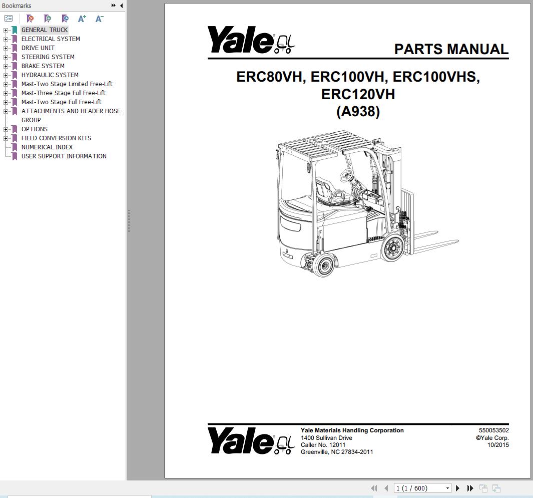 Yale Forklift ERC80VH ERC100VH ERC100VHS ERC120VH (A938) Parts Manual (1)